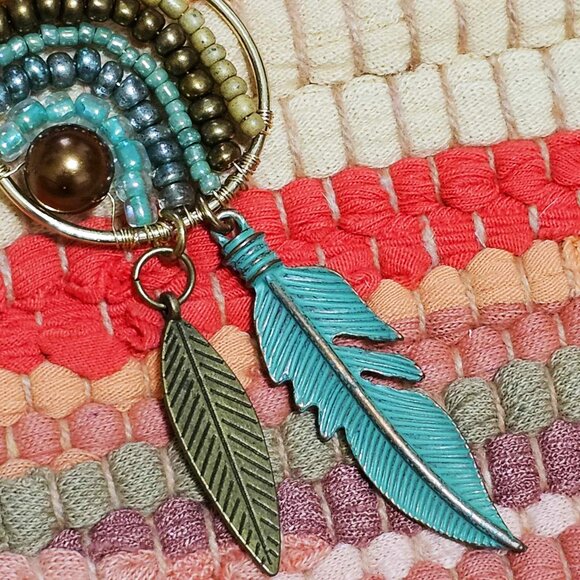 Artisan Hand Crafted Earrings Gold Teardrop Hoop Aqua Beige Brown Beaded Pierced - Picture 8 of 9